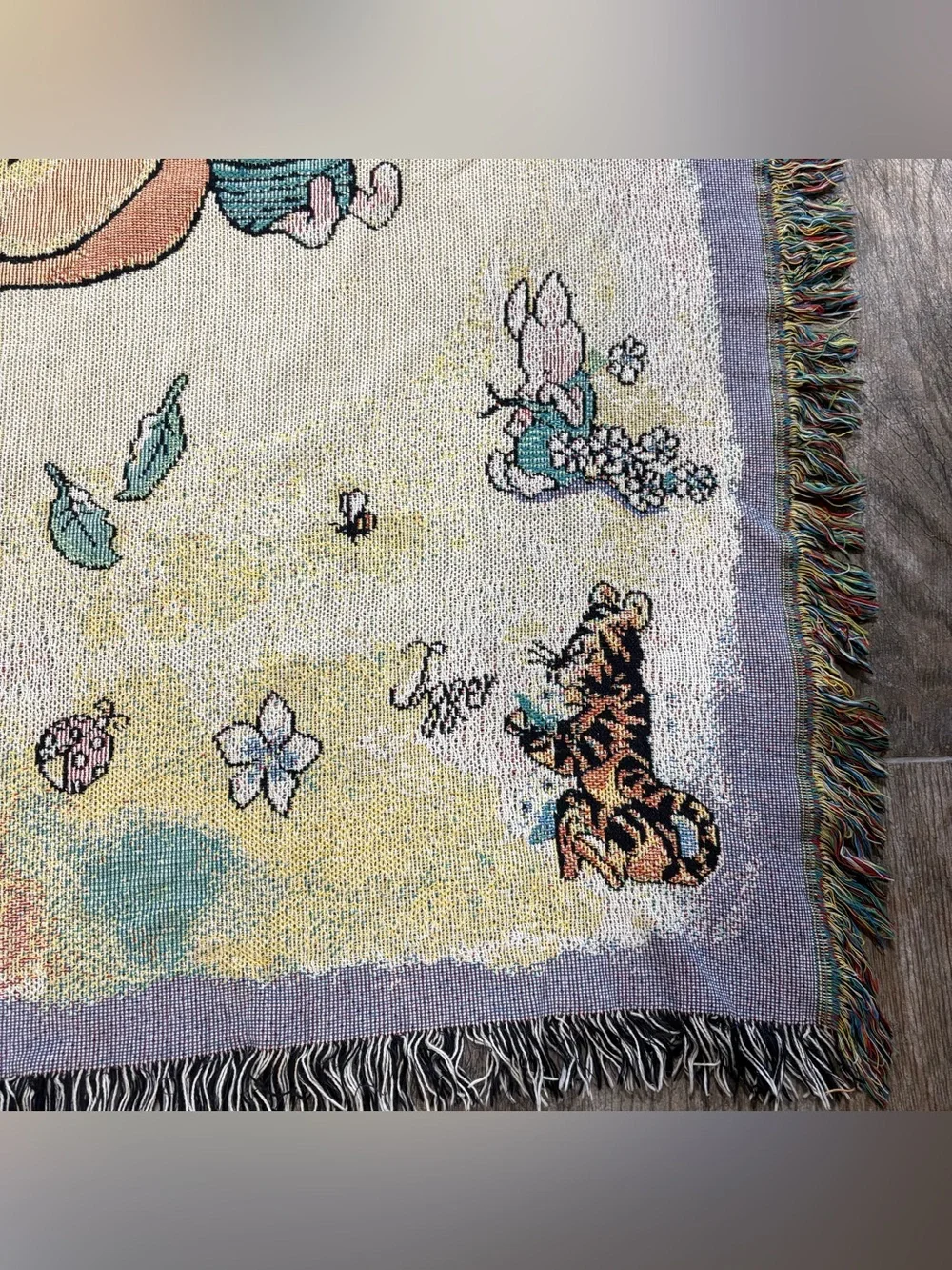 VTG Classic Winnie The Pooh & Piglet Woven Tapestry Throw Fringed Blanket 35x53